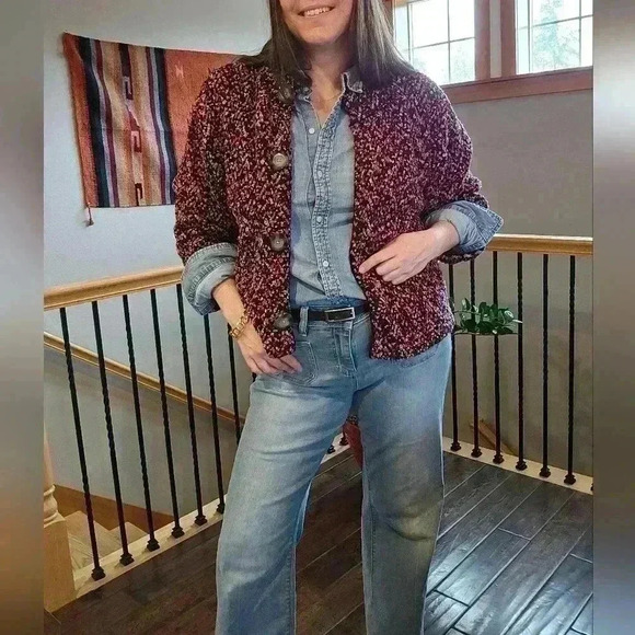 Jones New York Pink, Black, and Gray Bouclé Wool Blend Cardigan, Size Med - Picture 1 of 5